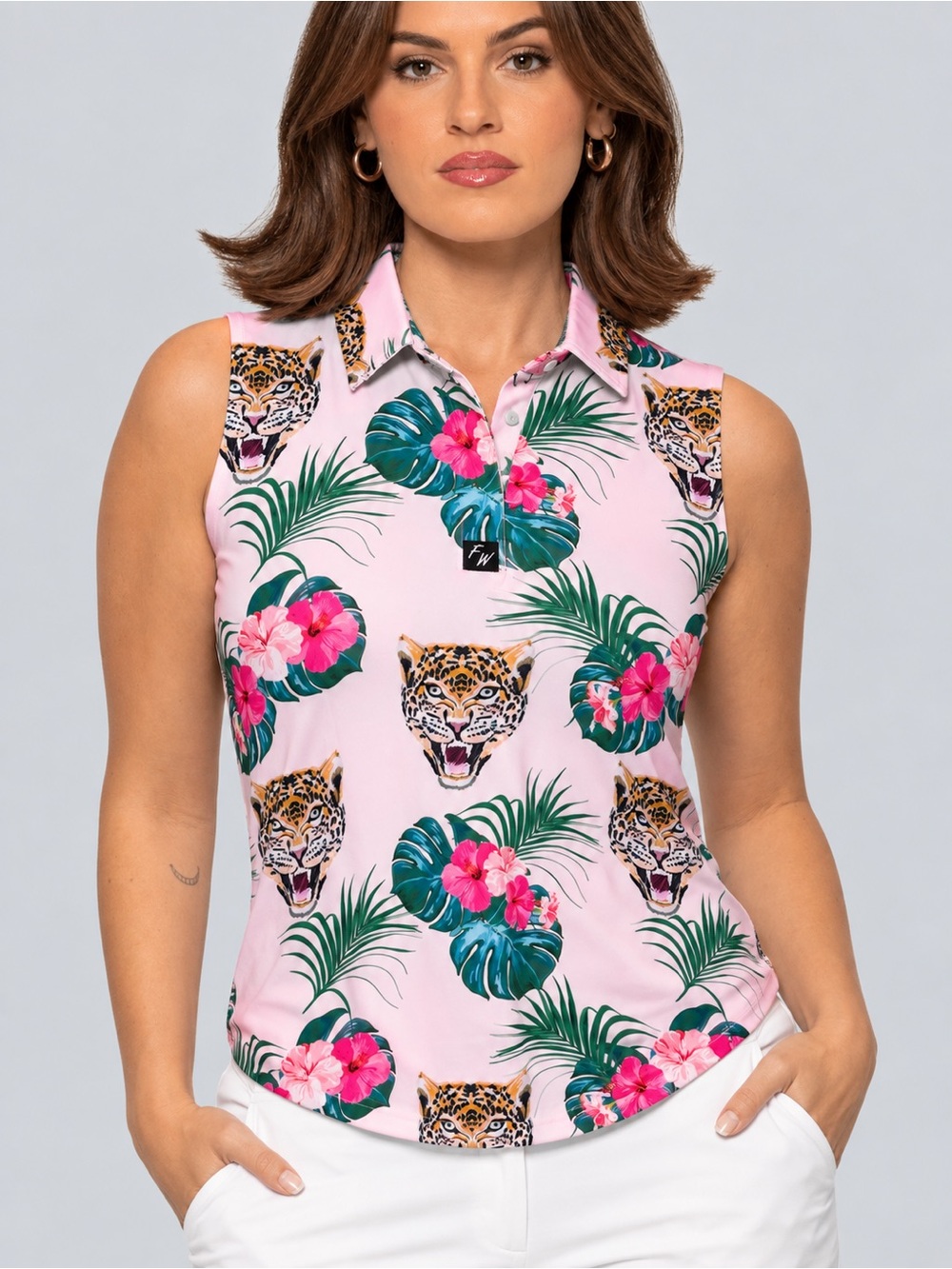 Full Wedge Women’s Amen Sleeveless Golf Polo Tank Shirt Top Cheetah Medium 440